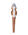 A whimsical character pen with the top shaped like a smiling orangutan with big blue eyes, brown and white fur, and arms crossed. The body of the pen is elongated, maintaining the brown color of the monkey’s fur, and it appears to have some text inscribed at the bottom, although it’s not clearly visible.
