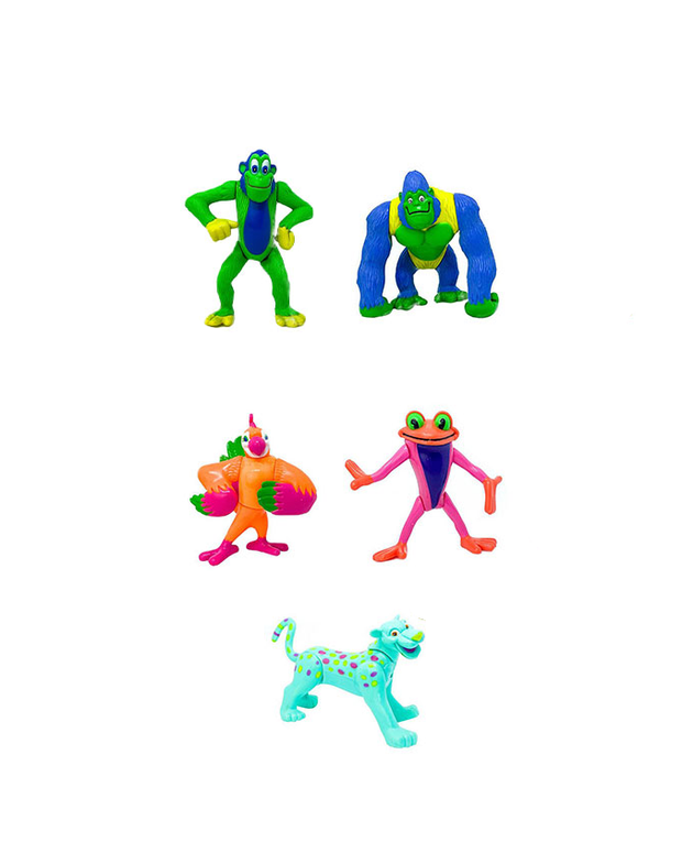 Multicolored neon Rainforest Cafe character figurines in front of white background.