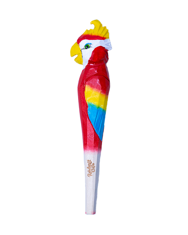A colorful parrot-shaped wood pen with vibrant red, yellow, and blue colors, partially unwrapped to reveal a white base. The pen is detailed with features resembling a parrot’s head, complete with eyes and a beak, inviting a fun and tropical treat experience.