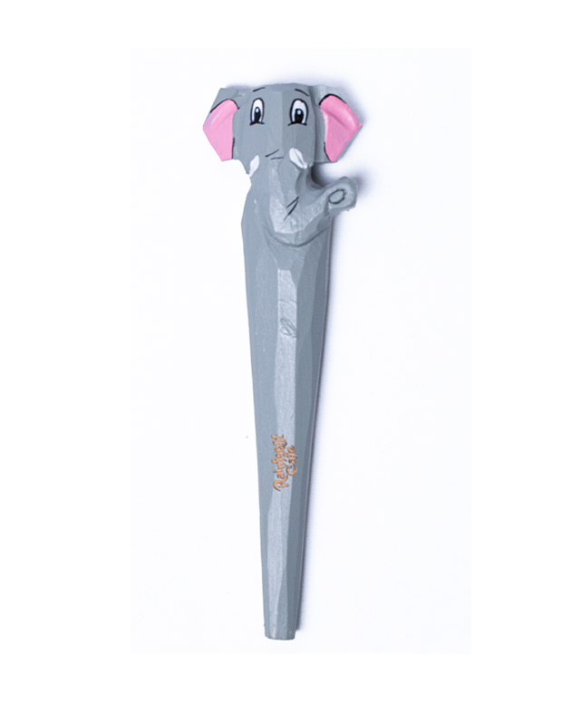A grey elephant pen with pink ear detail, white big eyes, and white tusk detailing. Trunk is engraved to provide a finish look. Bottom center of pen has engravement of 'RAINFOREST CAFE'.