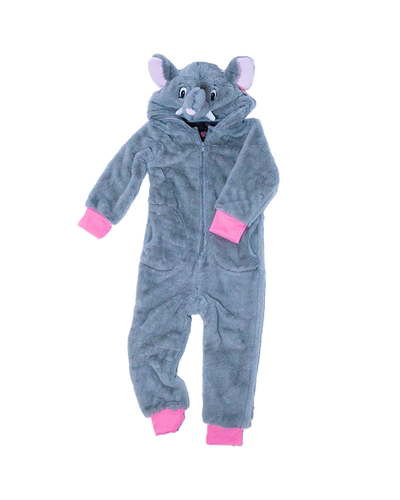 A child’s grey elephant onesie costume with pink cuffs, featuring a hood with elephant ears and facial features, displayed against a white background.