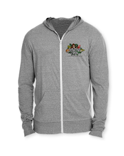 A grey zip-up hoodie with a small colorful 'RAINFOREST CAFE' logo on the left chest area, displayed on a white background.
