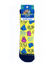 yellow socks with navy blue border on toes and hole. face print of elephant, tree frog, iguana, gorilla, orangutan, crocodile, macaw, and jaguar.