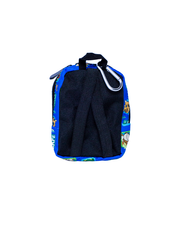 Back view of the small, black fabric pouch with a zipper and a blue trim. The pouch features two zippers for separate compartments and a sturdy black handle, set against a white background for contrast.