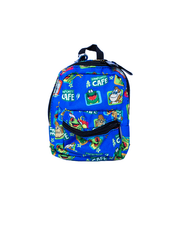 A colorful children’s backpack with a vibrant blue base, featuring playful images of animals and the words ‘Rainforest Cafe.’ The backpack has a main compartment and a smaller front pocket, both with black zipper pulls, and a black handle at the top for easy carrying.