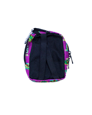 Back view of the small, black fabric pouch with a zipper and a purple trim. The pouch features two zippers for separate compartments and a sturdy black handle, set against a white background for contrast.