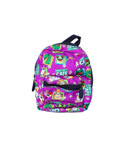 A colorful children’s backpack with a vibrant purple base, featuring playful images of animals and the words ‘Rainforest Cafe.’ The backpack has a main compartment and a smaller front pocket, both with black zipper pulls, and a black handle at the top for easy carrying.