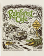 Illustration of a car with animated characters and a crocodile, featuring 'Rainforest Cafe' branding.