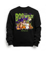 A black crewneck sweatshirt featuring a colorful graphic print on the front with the text 'TO BE BOO WILD!' and cartoon characters dressed in Halloween costumes, set against a plain white background.