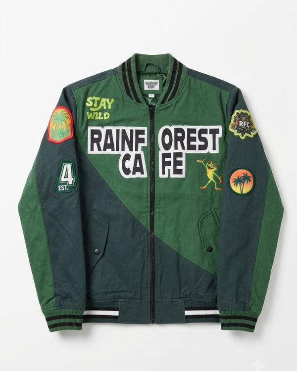 Green and navy jacket with text and patches on a white background