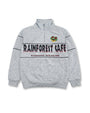 A heather gray quarter-zip sweatshirt featuring 'RAINFOREST CAFE' and 'KINGDOM WILDLIFE' printed across the chest, with a green and red frog logo on the left chest.