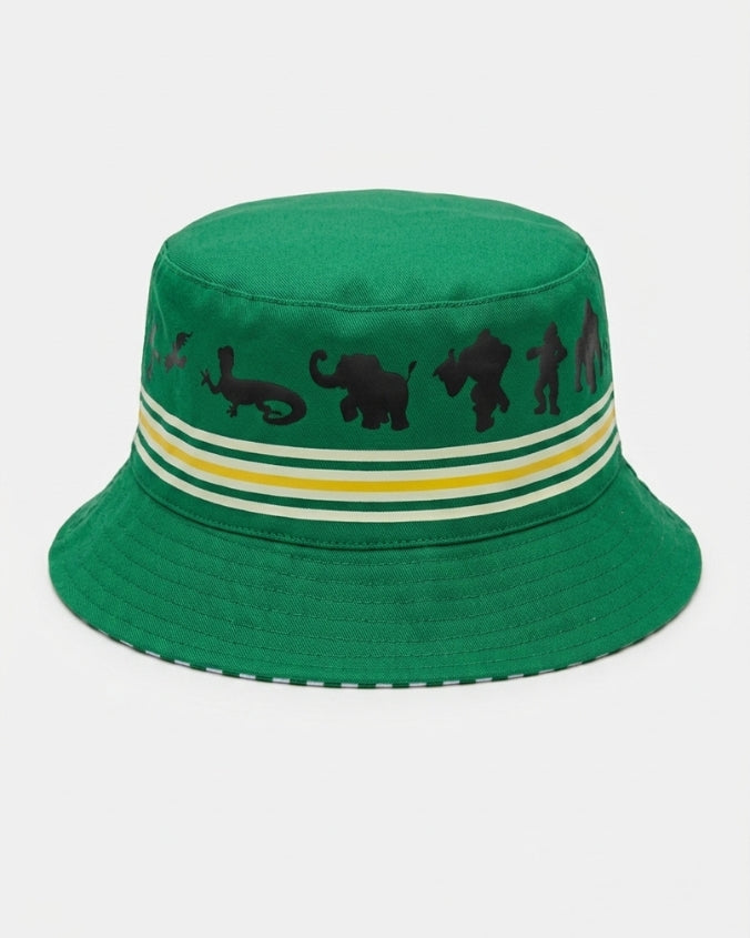 A green bucket hat featuring black silhouettes of various animals around a white and yellow striped band, set against a plain light gray background.
