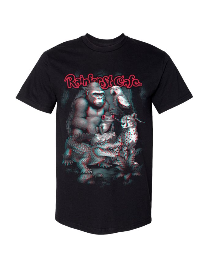 Black t-shirt with a graphic design of a gorilla, parrots, and leopards, featuring the 'Rainforest Cafe' logo.