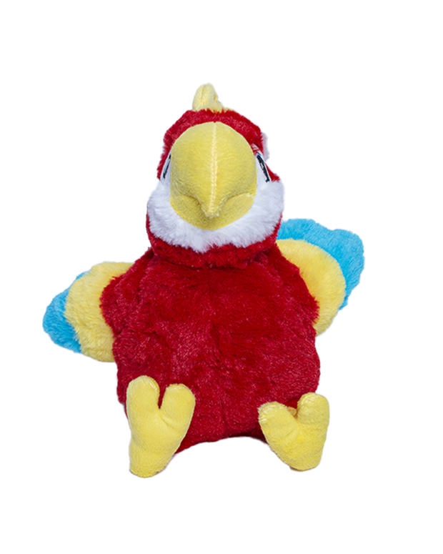 Front view of Red Macaw plush. Beak, feet and head feathers are a yellow color. Her wings and tail go from red, to yellow and then blue tips. Rio the macaw is wearing a little white flower on her head.