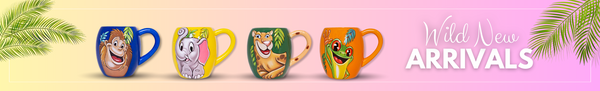 yellow to light pink gradient. left and right top corners have palm leaves. Four character mugs from left to right; Blue mug with gorilla face, yellow mug with elephant face, green mug with jaguar face, and orange mug with tree frog face. 