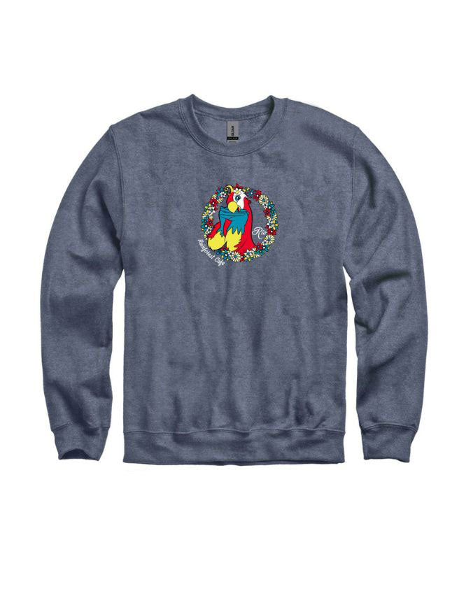 Blue sweatshirt with a colorful parrot design on a white background