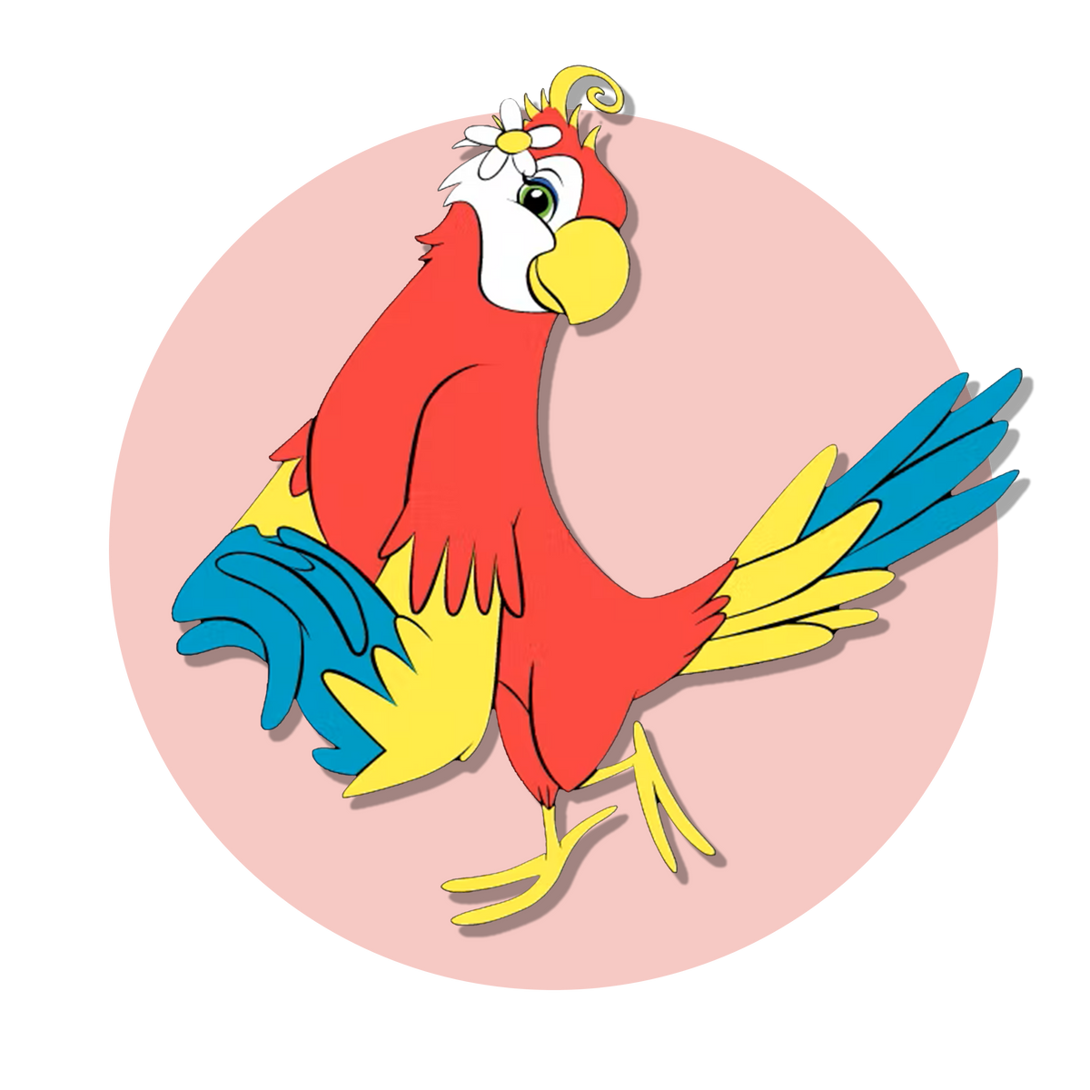 The image you’ve shared is a colorful illustration of a cartoon parrot. This parrot has vibrant red feathers with touches of yellow, blue, and green on its wings and tail. It’s standing on one leg, with its head playfully tilted to the side and a whimsical curly feather on top of its head. The background features a soft pink circle that frames the parrot beautifully, enhancing its playful and cheerful appearance. 
