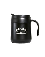Black travel mug, approximately 5 inches tall and can hold 12 ounces of liquid, with a silver Saltgrass logo on the front. 