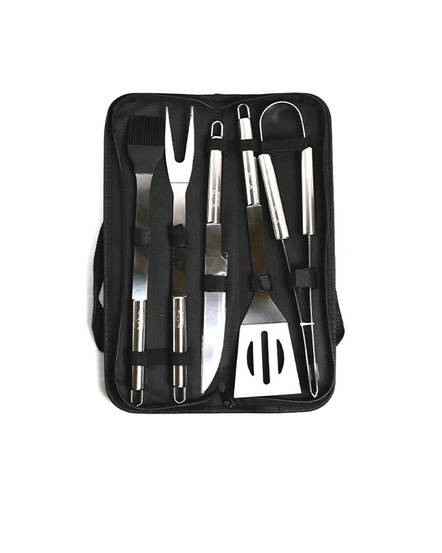 A 15 x 4.5 inch black zipper bag containing 6 grilling utensils that have the Saltgrass logo on the handles.