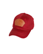 Red baseball cap with a leather patch that has the Saltgrass logo outlined