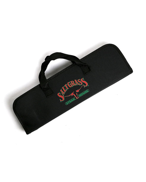 Grilling utensils black bag with handle and is embroidered with a red and green Saltgrass logo.