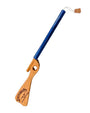 Blue and wooden tool with a white string on a white background