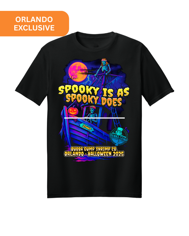 Black t-shirt with Halloween-themed graphic and text on a white background