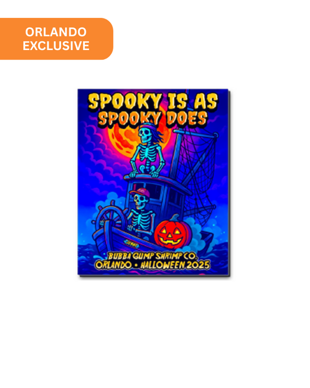 Halloween-themed poster with skeletons and a ship, featuring 'Orlando Exclusive' text.