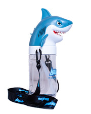 “A water bottle with a unique design featuring a three-dimensional shark head as the lid. The shark head is blue and white with details such as gills and sharp teeth, giving it a realistic appearance. The body of the bottle is clear, allowing visibility to the inside.