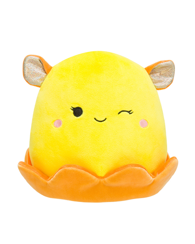 Bright yellow and orange Squishmallow with orange glitter ears, winking smiling face, bottom frill.