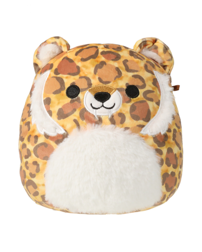 Tiger print Squishmallow with a smiling face, fluffy stomach, fluffy ears
