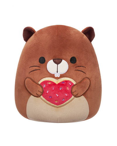 “A charming plush toy otter with a brown body and cream belly, holding a red heart with white details.