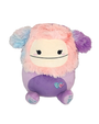 A colorful plush toy with a smiling face, featuring fluffy pink, blue, and purple fur, sits against a white background.