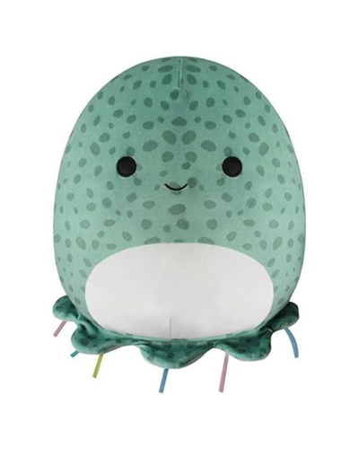 Green Squishmallow with bottom frill, colorful strings/stingers underneath, dark green spots, smiling face.