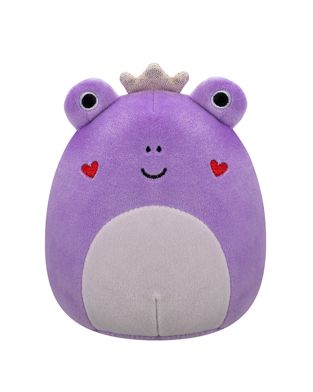 A plush toy resembling a regal purple frog with a smiling face, crowned.