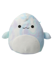 Light grey Squishmallow with a wobbling smile, fins, white stomach.