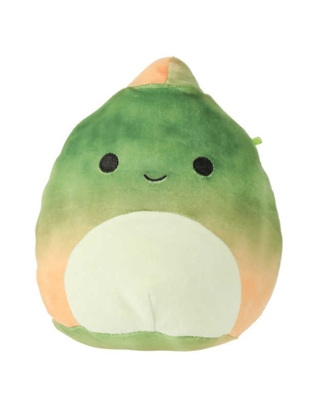 Ombre green dinosaur Squishmallow with a smiling face, burnt yellow head crest