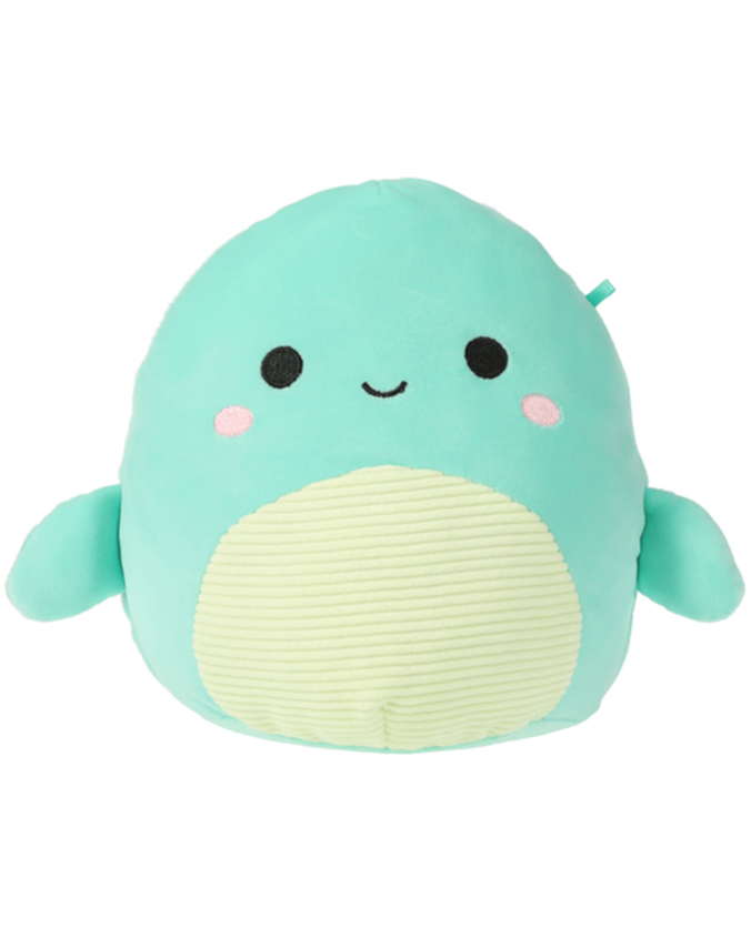 Teal/blue Squishmallow with a smiling face, cute fins.