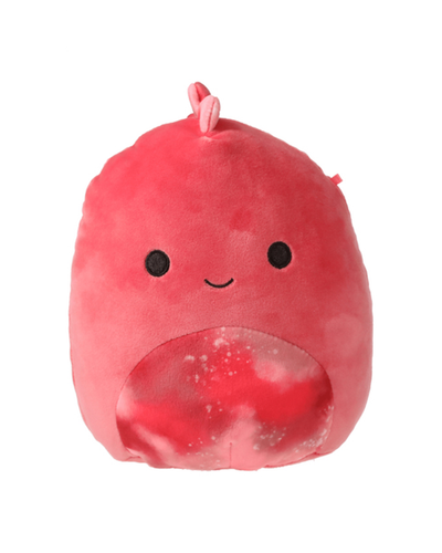 Red T-Rex Squishmallow with a smiling face, red spikes, glitter print stomach