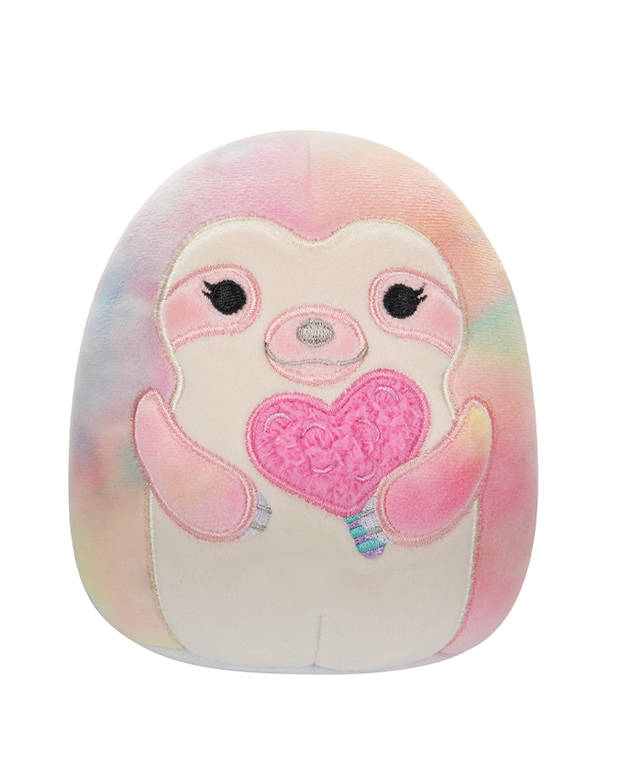A colorful sloth plush holding a pink fuzzy heart shaped cotton candy.
