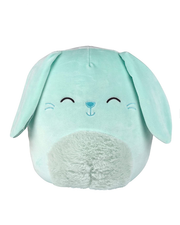 Light blue bunny Squishmallow with floppy ears, a closed-eyed smiley face, a fluffy stomach.