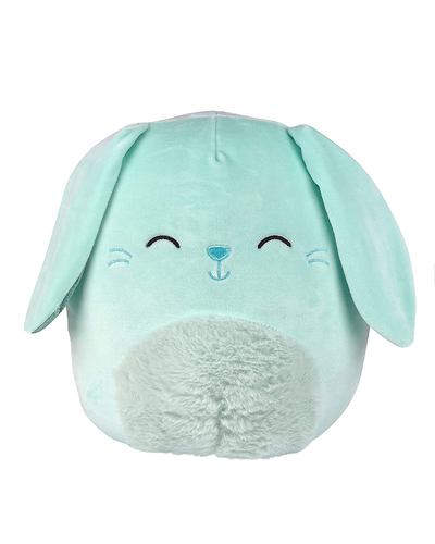 Light blue bunny Squishmallow with floppy ears, a closed-eyed smiley face, a fluffy stomach.