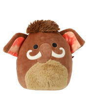 Brown wooly mammoth Squishmallow with floppy ears that have red-orange tie dye inside, puff of hair, brown fluffy stomach, cute trunk