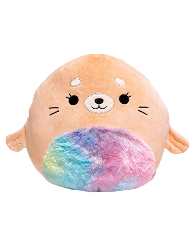 light brown seal plush with colorful, fuzzy belly.