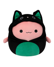 A plush toy resembling Archie the Axolotl, dressed in a black cat costume with green accents, complete with cat ears.