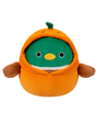 A plush toy designed as Avery the Mallard Duck, wearing a festive orange pumpkin costume with a green stem, featuring big round eyes and a yellow beak.