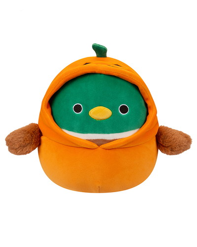A plush toy designed as Avery the Mallard Duck, wearing a festive orange pumpkin costume with a green stem, featuring big round eyes and a yellow beak.