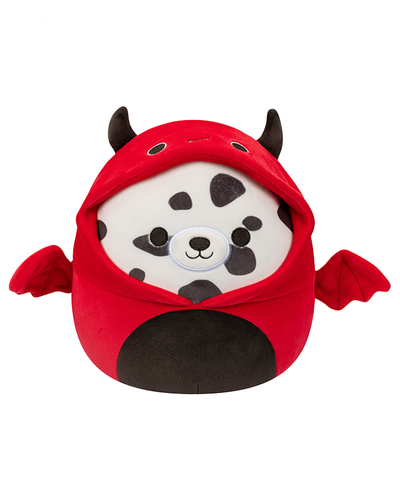 A plush toy blending of a dalmation with a devil outfit, showcasing a white face with black spots, red fabric body with devil horns and wings