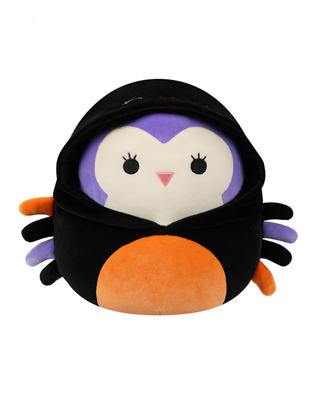 A plush toy rof a purple own with large eyes, and an orange beak, dressed in a black spider outfit with spider legs