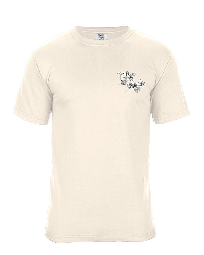 Ivy tee with left chest graphic. Reads "T-Rex Orlando" and has two dinosaurs foot prints.